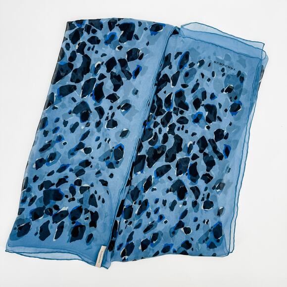 Burberry Scarf Silk Authentic Lightweight Sheer Blue Black Leopard Cheetah - Picture 5 of 10